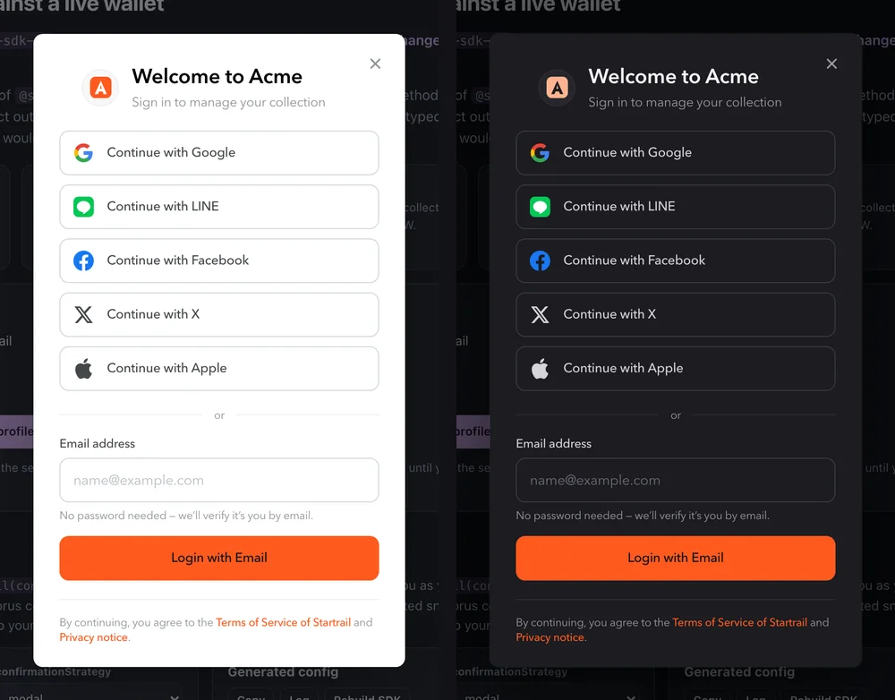 The modal themed for Acme Gallery: orange accent, circular logo inline beside a left-aligned title