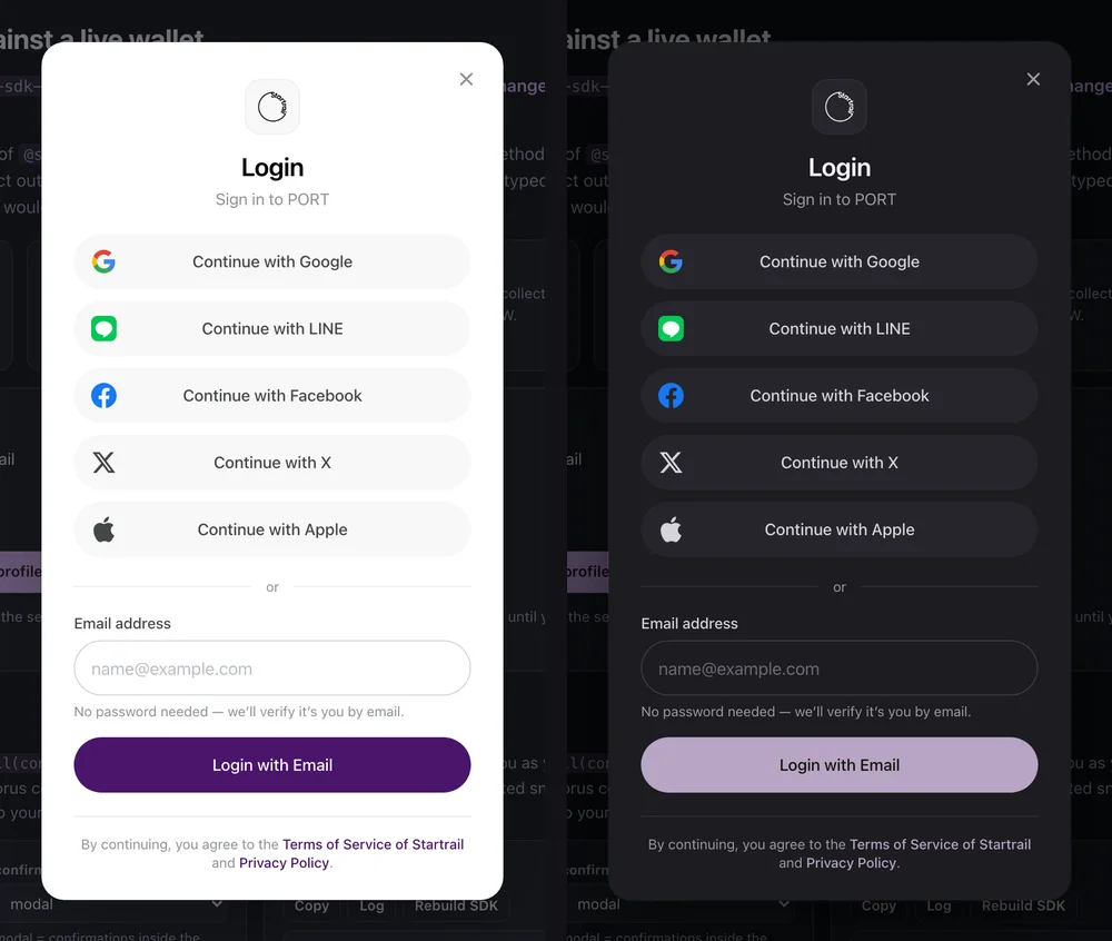 The modal themed for PORT: purple accent, pill-shaped filled buttons, light and dark