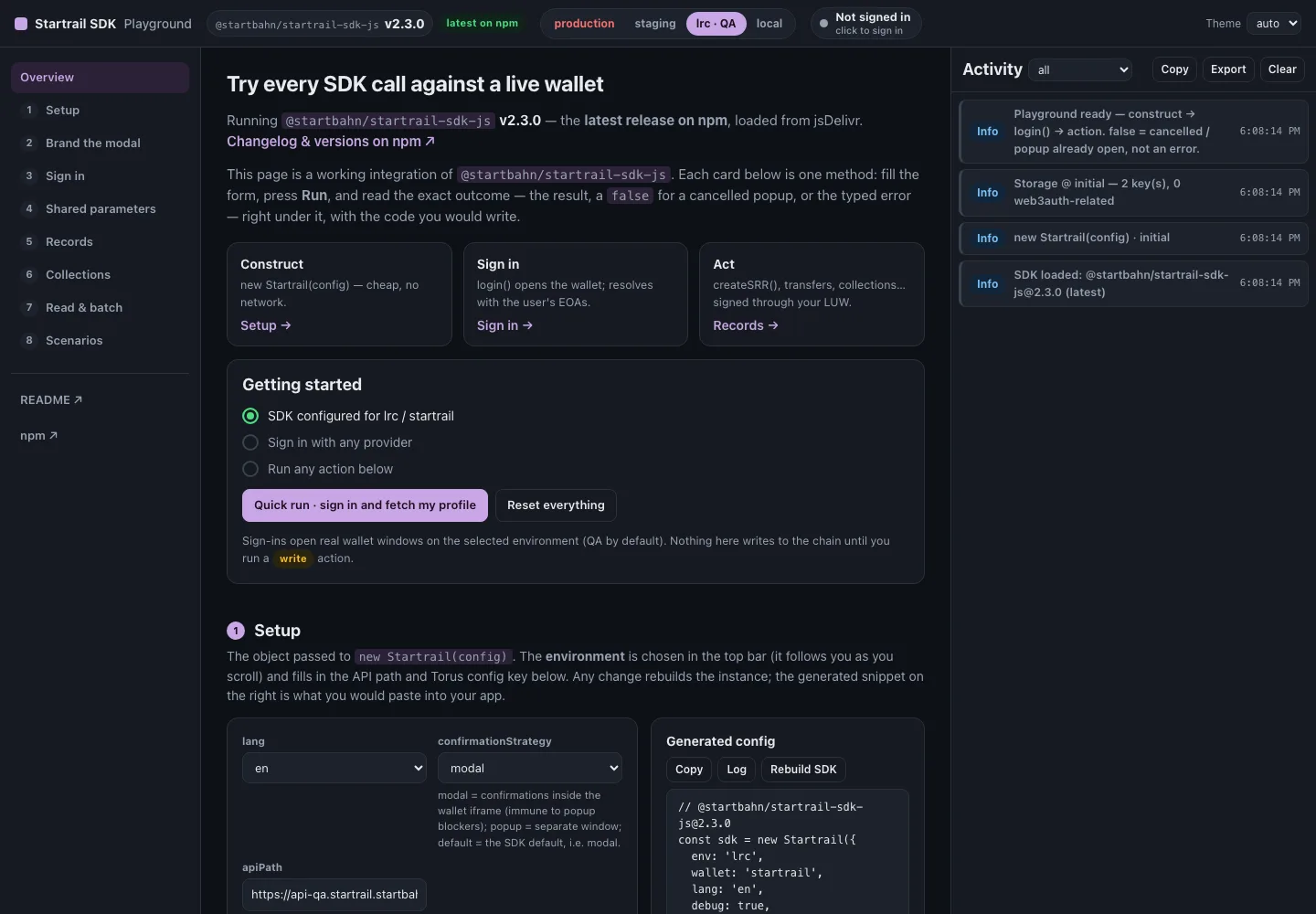 The Startrail SDK playground: version badge, environment switch, session pill and one card per SDK method
