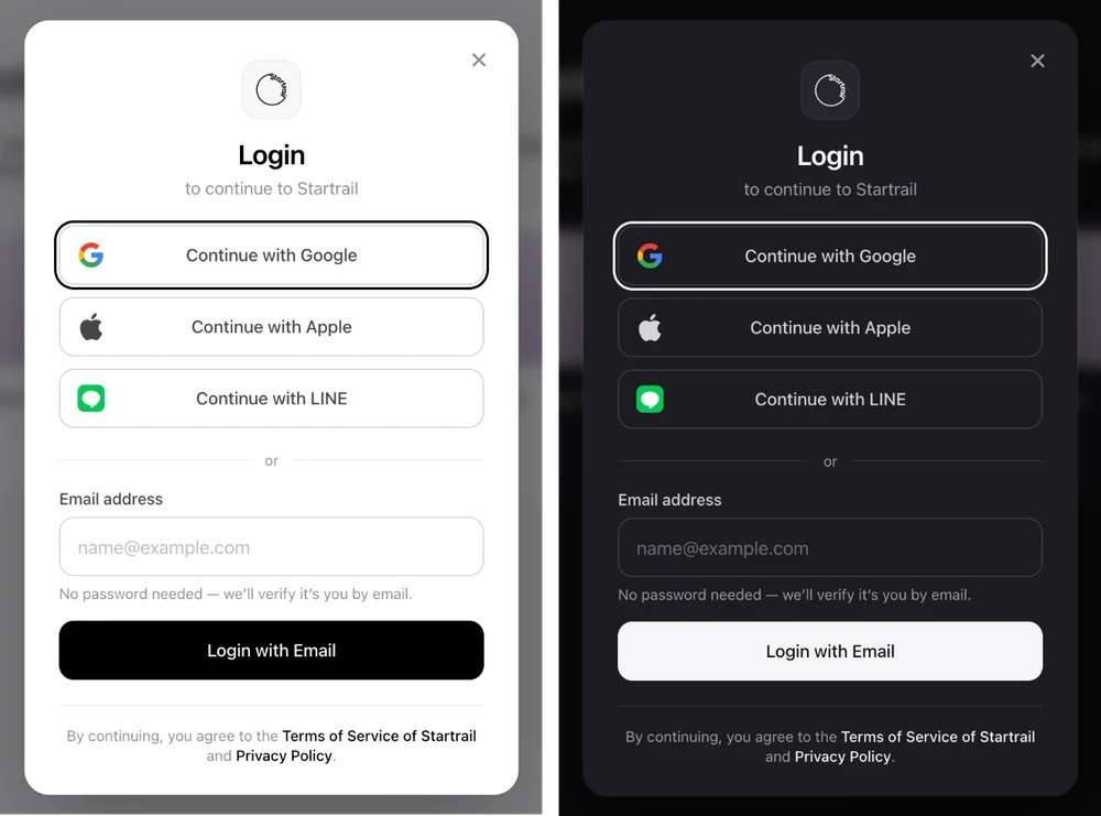 The default login modal in light and dark mode