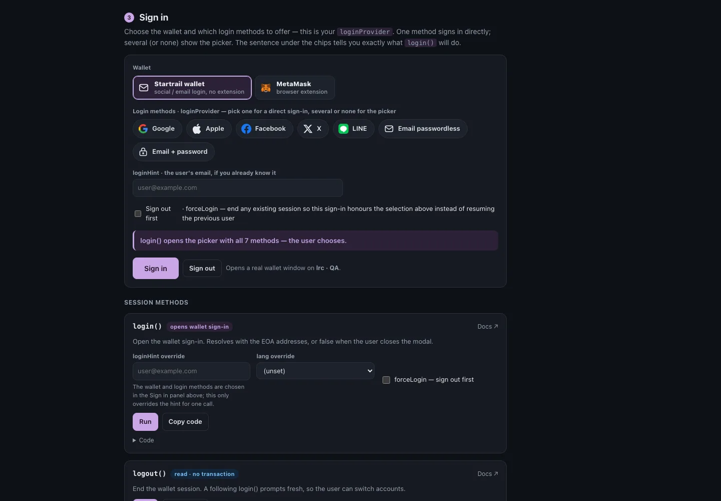 The playground's sign-in panel: wallet, login methods, loginHint, sign out first (forceLogin) and the login() card